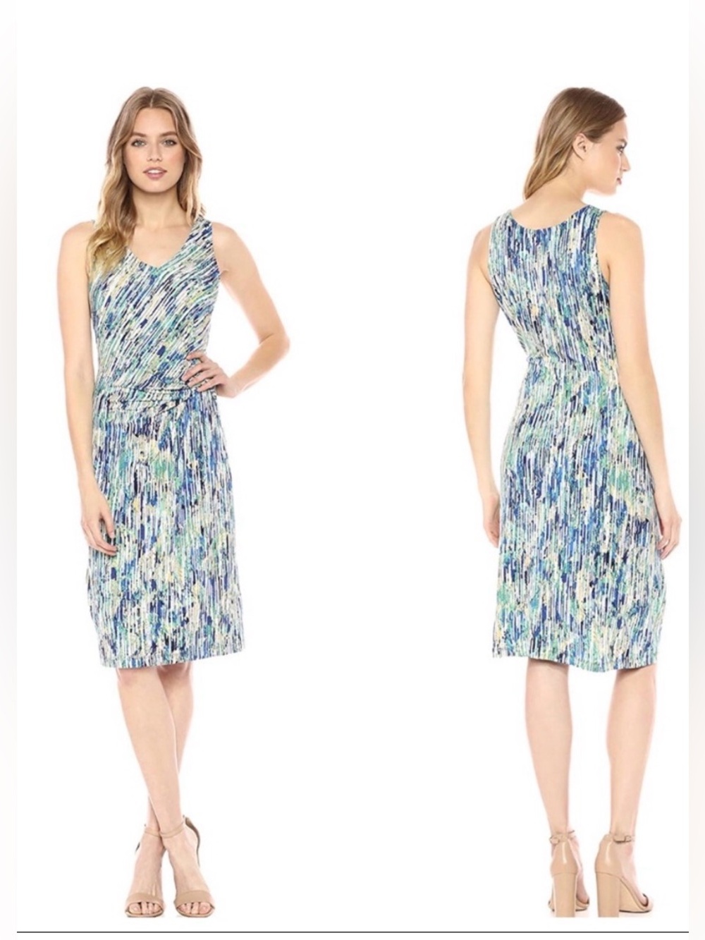 NIC+ZOE Blue Multi-Print Sleeveless V-Neck Midi Dress
